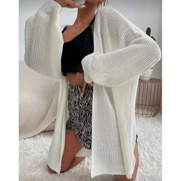 SHEIN White Oversized Open Front Longline Cardigan Sweater Womens Size Small EUC - Picture 1 of 8